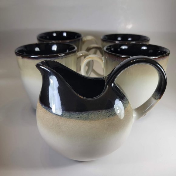 4 Sango Nova Black 4932 Coffee Mugs and Creamer Container Tall Cups Cream Color - Picture 1 of 16